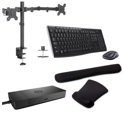 Dell Performance WD19DCS USB-C Dock 210W Triple 4K Support, HDMI, DisplayPort, USB Hub and Ethernet Bundled with Desk Mount Dual Monitor Stand, MK270 Wireless Keyboard & Mouse, Gel Mouse & Wrist Pad