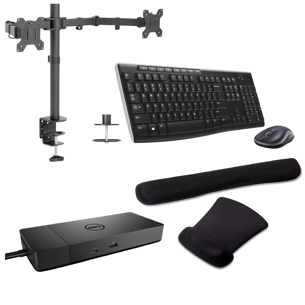 Dell Performance WD19DCS USB-C Dock 210W Triple 4K Support, HDMI, DisplayPort, USB Hub and Ethernet Bundled with Desk Mount Dual Monitor Stand, MK270 Wireless Keyboard & Mouse, Gel Mouse & Wrist Pad