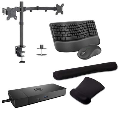 Dell Performance WD19DCS USB-C Dock 210W Triple 4K Support, HDMI, DisplayPort, USB Hub and Ethernet Bundled with Desk Mount Dual Monitor Stand, MK670 Wireless Keyboard & Mouse, Gel Mouse & Wrist Pad