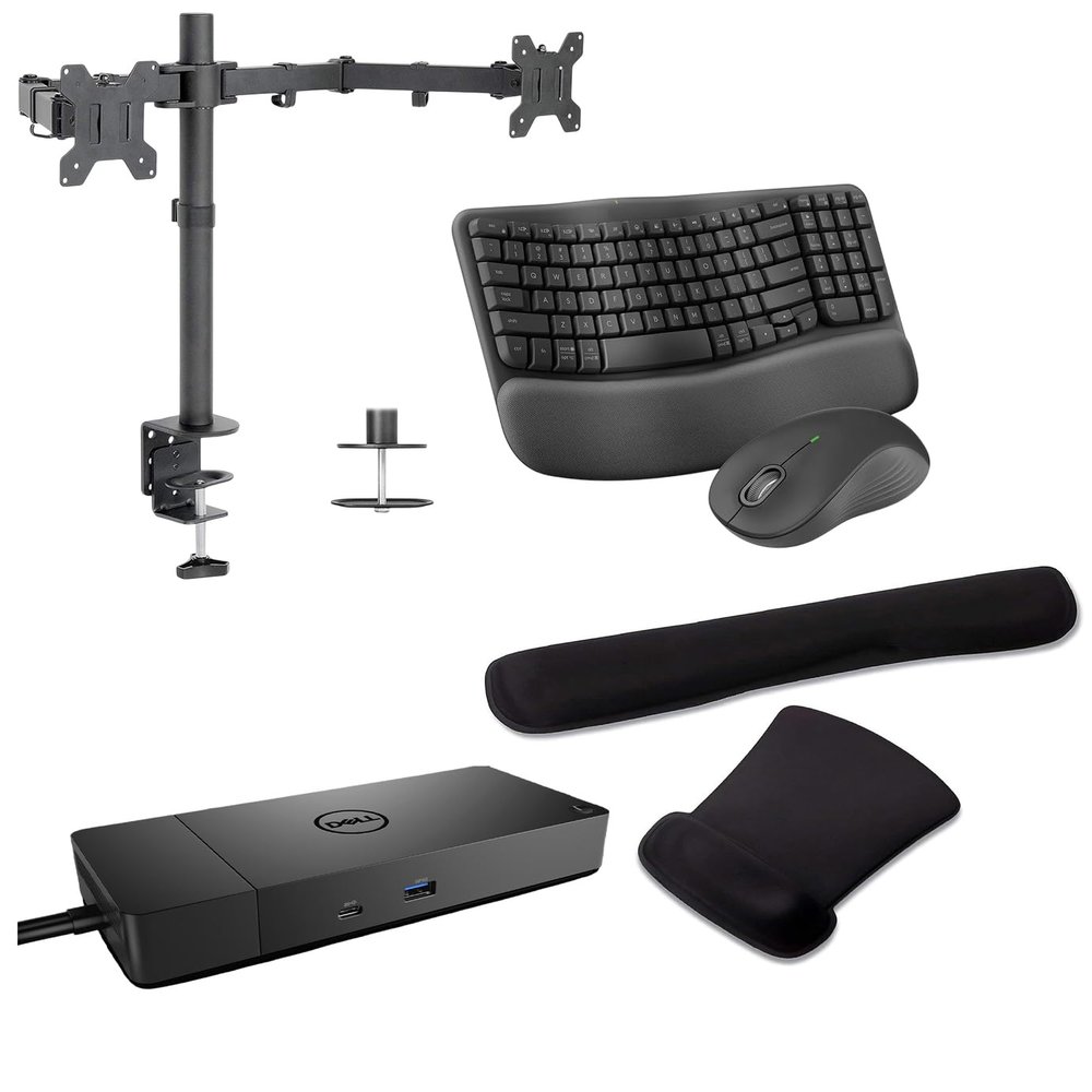 Dell Performance WD19DCS USB-C Dock 210W Triple 4K Support, HDMI, DisplayPort, USB Hub and Ethernet Bundled with Desk Mount Dual Monitor Stand, MK670 Wireless Keyboard & Mouse, Gel Mouse & Wrist Pad