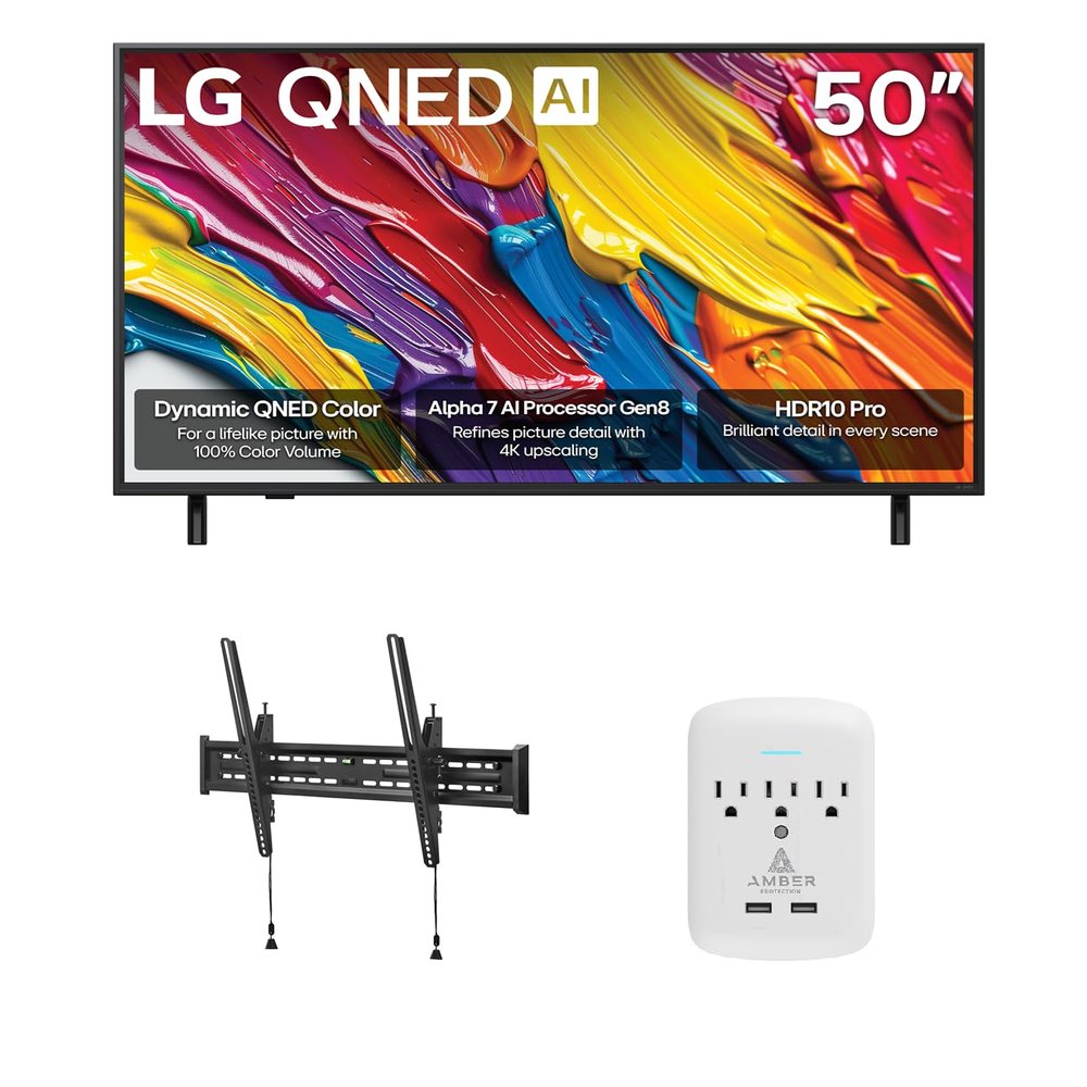 LG 50QNED82AUA 50 Inch QNED AI 4K Smart TV with a Walts TILT-MOUNT-43-90 Large/XL Tilt Mount and Amber Protection 3-Outlet-Surge Surge Protector (2025)