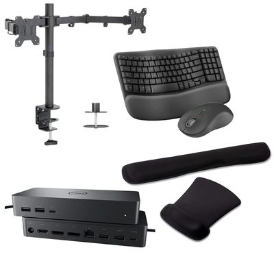 Dell UD22 Universal Dock 96W Quad 4K Support, HDMI, USB-C, DisplayPort and USB Hub Bundled with Desk Mount Dual Monitor Stand, MK670 Wireless Keyboard & Mouse, Gel Mouse & Wrist Pad