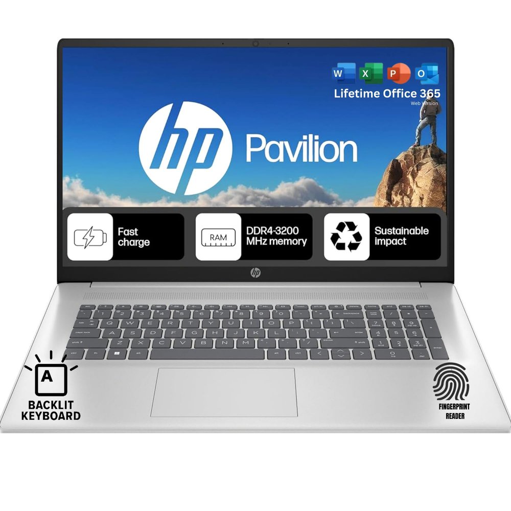 HP 17.3 Backlit Keyboard Laptop with Fingerprint Reader | None Touchscreen | Office 365 for The Web | Intel 10-Core i5, Iris Xe Graphics | 16GB RAM, 256GB SSD Storage | Windows 11 w/o Mouse