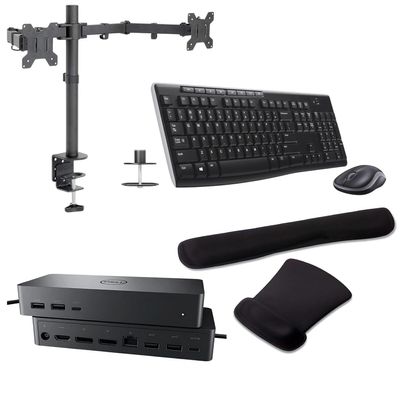 Dell UD22 Universal Dock 96W Quad 4K Support, HDMI, USB-C, DisplayPort and USB Hub Bundled with Desk Mount Dual Monitor Stand, MK270 Wireless Keyboard & Mouse, Gel Mouse & Wrist Pad