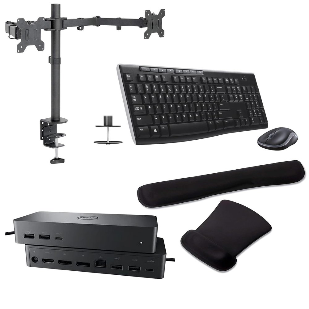 Dell UD22 Universal Dock 96W Quad 4K Support, HDMI, USB-C, DisplayPort and USB Hub Bundled with Desk Mount Dual Monitor Stand, MK270 Wireless Keyboard & Mouse, Gel Mouse & Wrist Pad