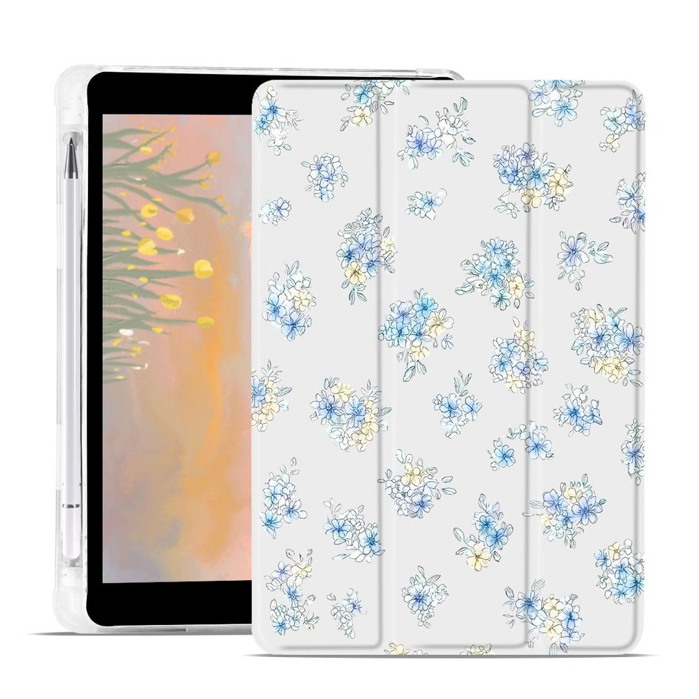 Blue Blossom Case for iPad Air 13 Inch M3/M2(2025/2024) Trifold Stand White Leather Case Clear Back Cover with Pencil Holder Auto Wake/Sleep for Girls Women