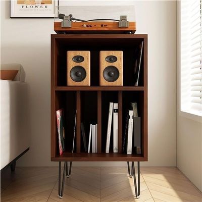 YWSXHS Wooden Record Player Stand, Large Capacity Record Player Table, Open Media Storage Cabinet, Suitable for Living Room, Bedroom and Recording Studios(Dark Brown)
