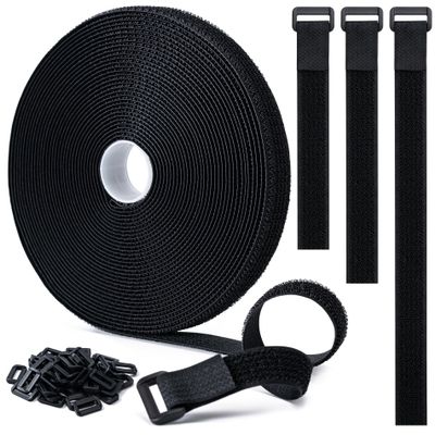 0.8" x32Ft Hook and Loop Straps with 50 Plastic Buckles, Adjustable Fastening Cable Straps, Free Cut Length, Reusable Nylon Cable Ties for Organizer or Storage, Black