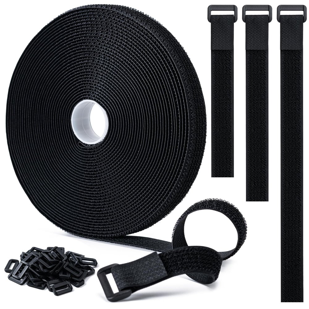 0.8" x32Ft Hook and Loop Straps with 50 Plastic Buckles, Adjustable Fastening Cable Straps, Free Cut Length, Reusable Nylon Cable Ties for Organizer or Storage, Black