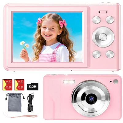 Digital Camera for Kids, Teens & Beginners - 56MP 1080P FHD, 16X Digital Zoom, 2.8" LCD, 32GB TF Card & 2 Batteries, Compact Point-and-Shoot, Portable Starter Camera - Pink