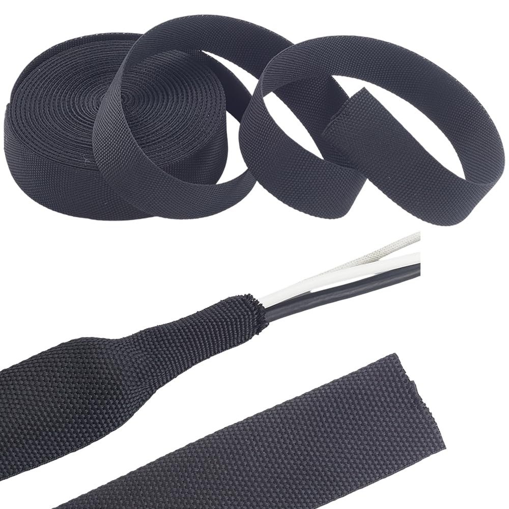 CALFOVERA 32.8 ft Black Polyster Wiring Harness Cord Wrap Cover 1.42 inch Width Tubing Cable Protector Sheath Expandable Braided Sleeving Flexible Wire Mesh Sleeve Loom Organizer for Audio Video Cord
