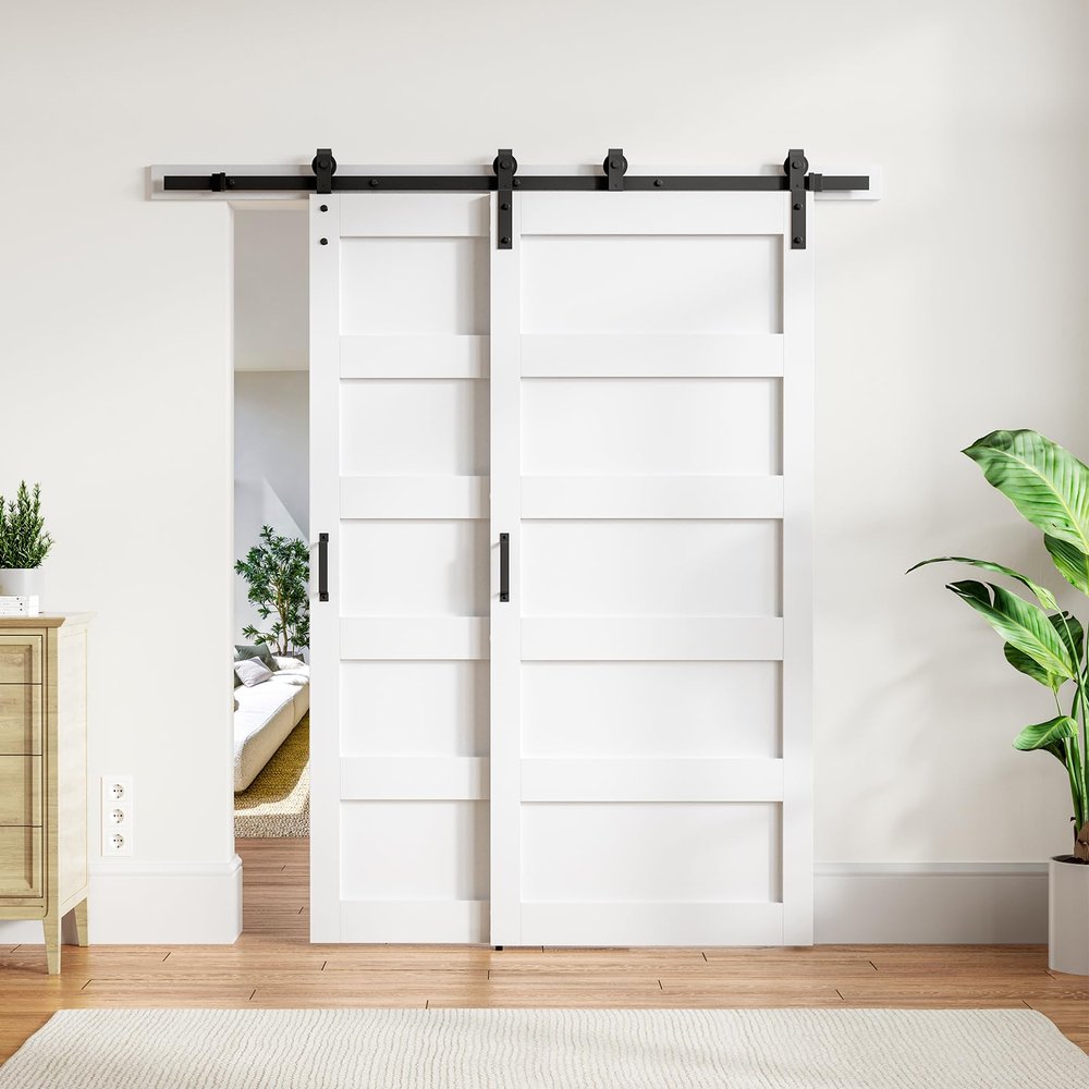 87" x 96"Manufactured Wood Paneled Bypass Barn Door Double Doors with Hardware Kits(Include 2 Set 48" Width Doors)