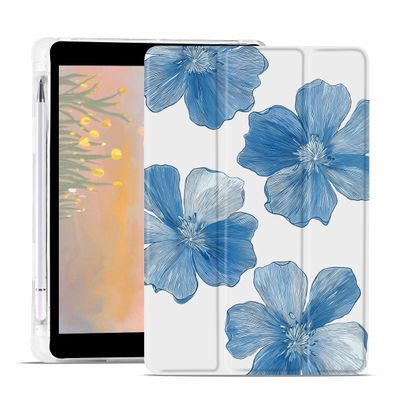 Blue Flower Case for iPad 9th/7th/8th Generation(2021/2020/2019 10.2 Inch) Cute Floral Trifold Stand White Leather Case Clear Back Cover with Pencil Holder Auto Wake/Sleep