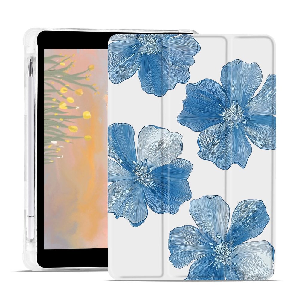 Blue Flower Case for iPad 9th/7th/8th Generation(2021/2020/2019 10.2 Inch) Cute Floral Trifold Stand White Leather Case Clear Back Cover with Pencil Holder Auto Wake/Sleep