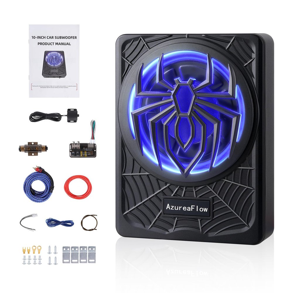  10" 1250W Slim Under Seat Car Subwoofer with Amp and Blue LED Lights, Enhanced Bass and Superior Heat Dissipation, Fit Truck SUV Jeep MPV for Passionate Driving, 1-Yr Service