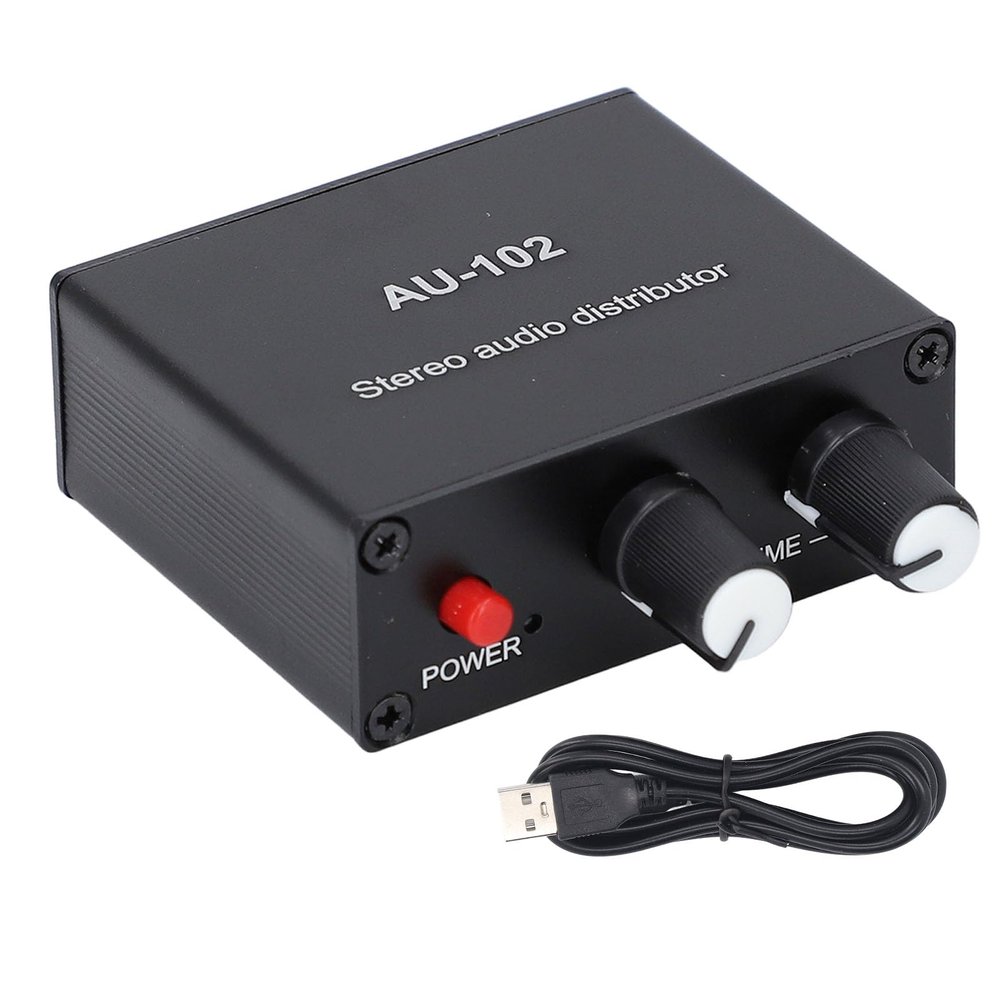Active Sound Distributor 2 Way 1 in 2 Out Mini Amp with 3.5mm Interface, Independent Volume Control, DC5V Power Supply, Aluminum Alloy Material, for Audio Distribution