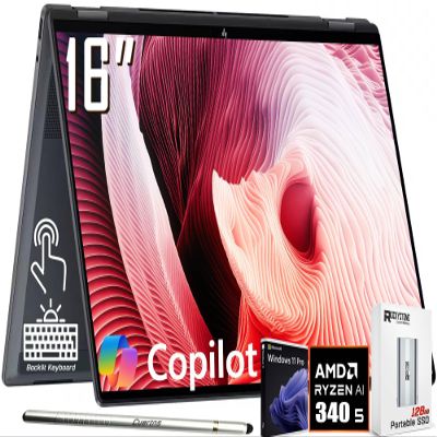 HP OmniBook X Flip 2-in-1 Copilot+ AI PC Laptop, 16" 2K Touchscreen, AMD 6-Core Ryzen AI 5 340(>Intel i5-13420H), 16GB LPDDR5X, 1TB SSD, 5MP IR Webcam, Backlit KB, W/128GB PSD&Stylus, Win11 PRO