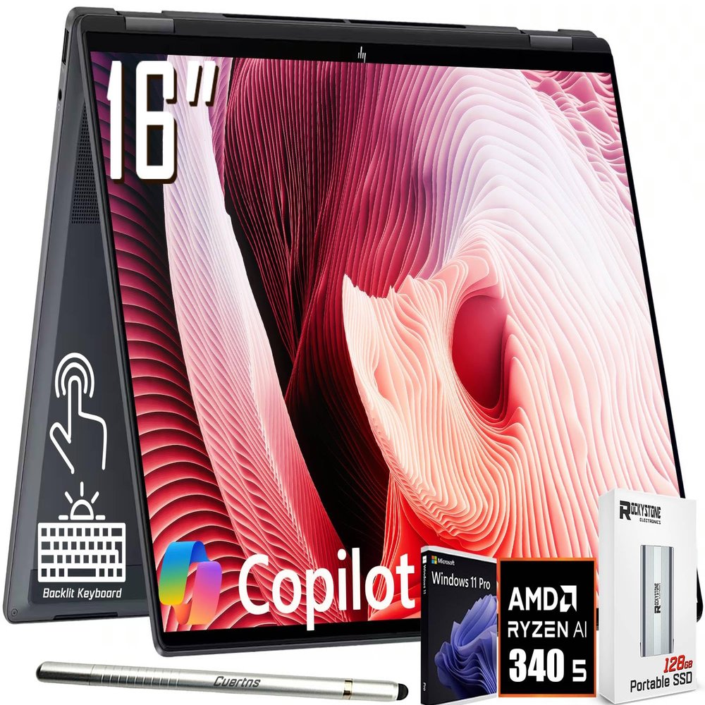 HP OmniBook X Flip 2-in-1 Copilot+ AI PC Laptop, 16" 2K Touchscreen, AMD 6-Core Ryzen AI 5 340(>Intel i5-13420H), 16GB LPDDR5X, 1TB SSD, 5MP IR Webcam, Backlit KB, W/128GB PSD&Stylus, Win11 PRO