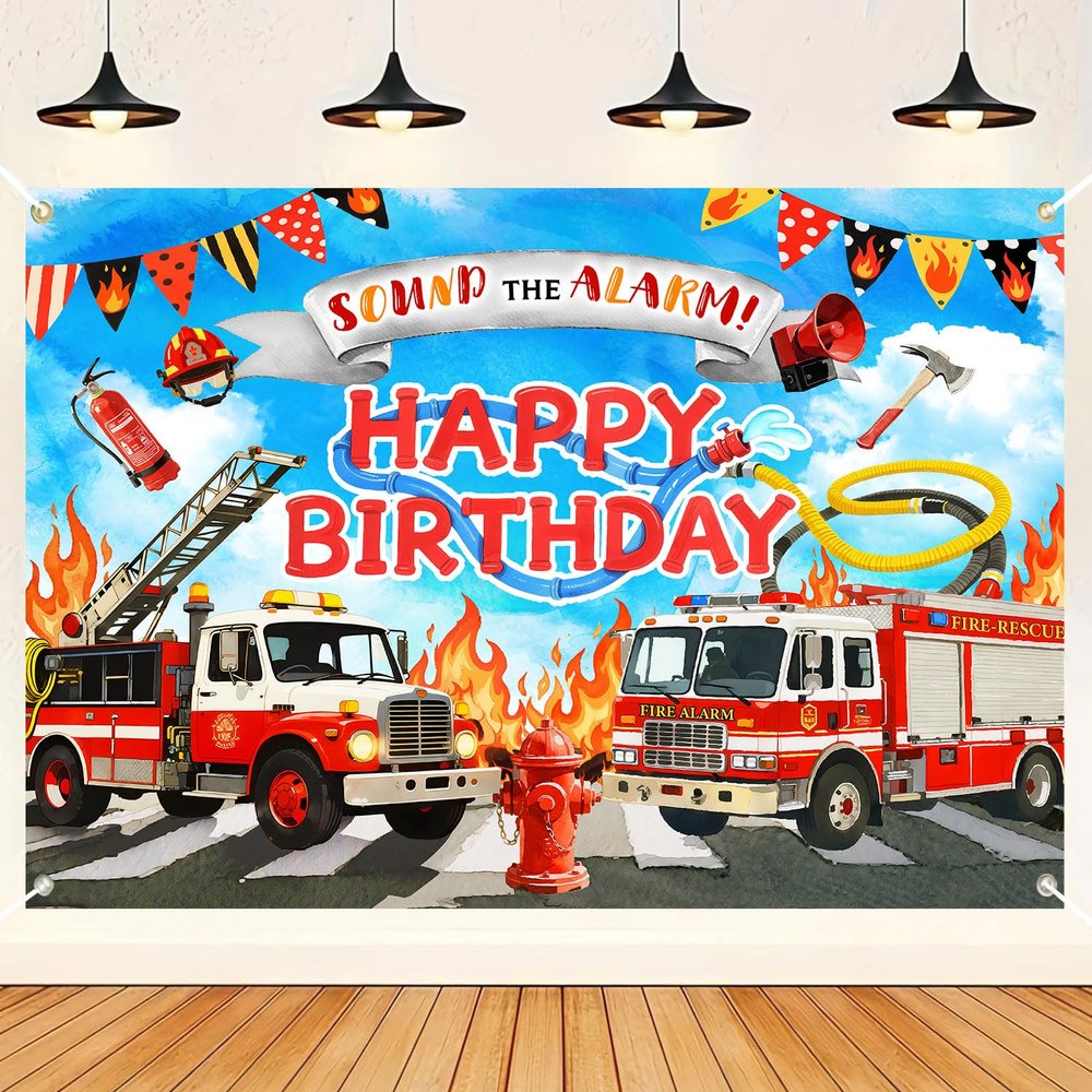 HANYING 7x5ft Firetruck Happy Birthday Backdrop Firefighter Fire Alarm Life Saving Ladder Hydrant Background for Kids Boy Party Decoration Cake Table Booth Banner Photography Studio Props HY021YL