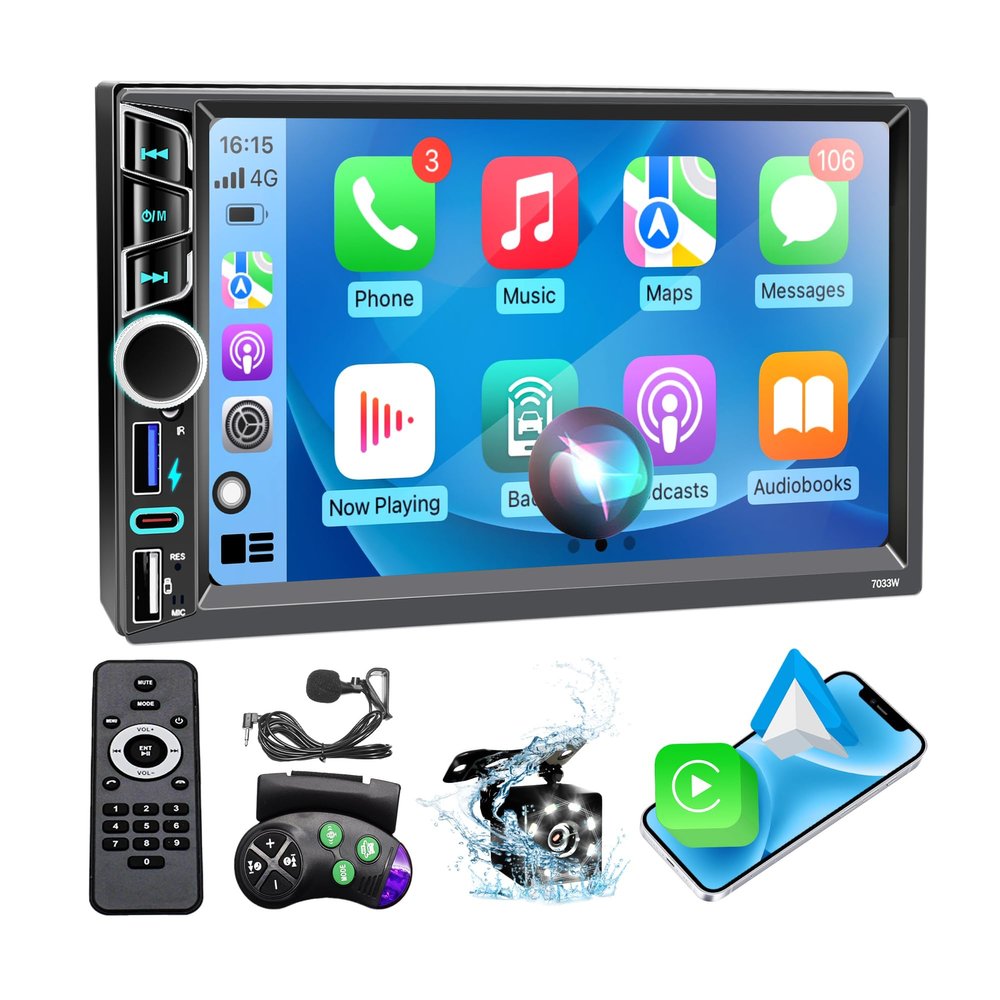7" Double Din Car Stereo with Wireless Apple CarPlay&Android Auto,180W Outputs, Bluetooth 5.2/FM/AM/USB-C/38W Fast Charge/Physical Knob/Weatherproof Backup Camera/USB,Stereo for 7x4.02"Double Din Size