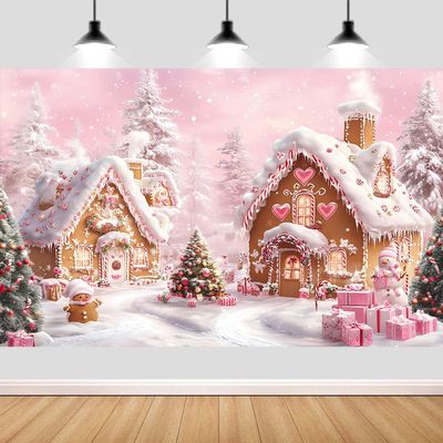 10X10FT Christmas Gingerbread House Candy Backdrop for Photography, Candy House Pink Xmas Party Decoration for Girl, Christmas Eve New Year Party Supplies Photo Props