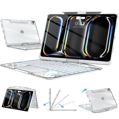 Auupgo Clear Keyboard Case for iPad Pro 13 inch (M5/M4, 2025/2024), Transparent Protective Cover with 7-Color Backlit Keyboard, 360 Rotating Stand, Multi-Touch Trackpad and Pencil Holder, White