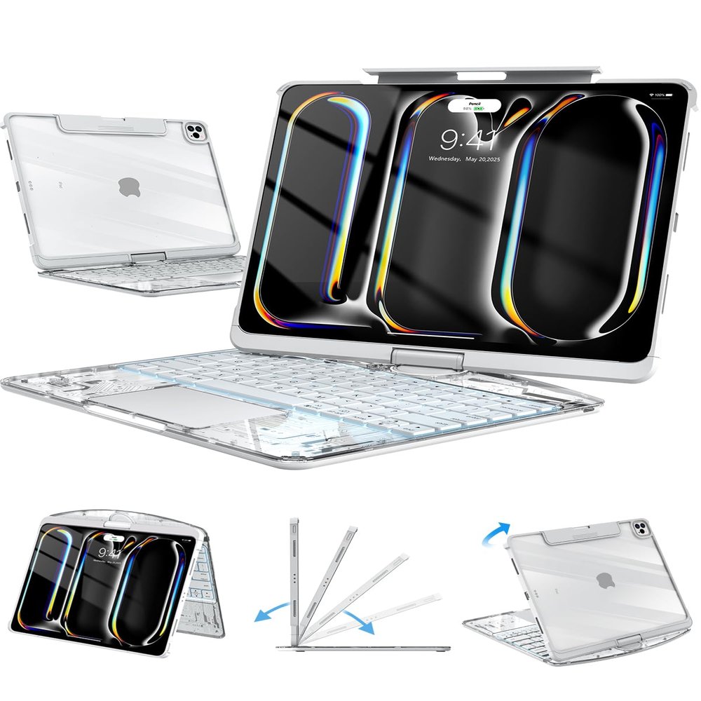 Auupgo Clear Keyboard Case for iPad Pro 13 inch (M5/M4, 2025/2024), Transparent Protective Cover with 7-Color Backlit Keyboard, 360 Rotating Stand, Multi-Touch Trackpad and Pencil Holder, White