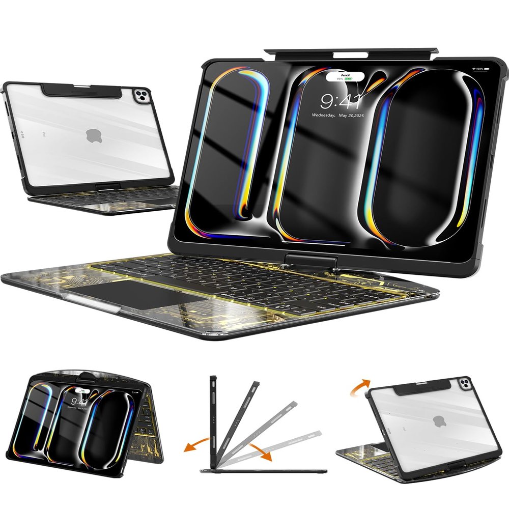 Auupgo Wireless Keyboard Case for iPad Pro 13" (M5/M4, 2025/2024), Transparent Protective Cover with 7-Color Backlit Keyboard, 360 Rotating Stand, Multi-Touch Trackpad and Pencil Holder, Black