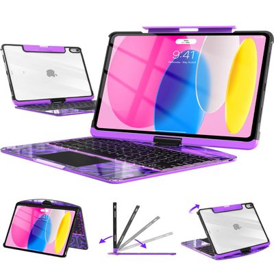 Auupgo Transparent Keyboard Case with Trackpad for iPad 11th Gen A16 (2025) & 10th Gen 10.9" (2022), 7-Color Backlit Wireless Bluetooth Keyboard with 360 Rotating Stand & Pencil Holder, Purple
