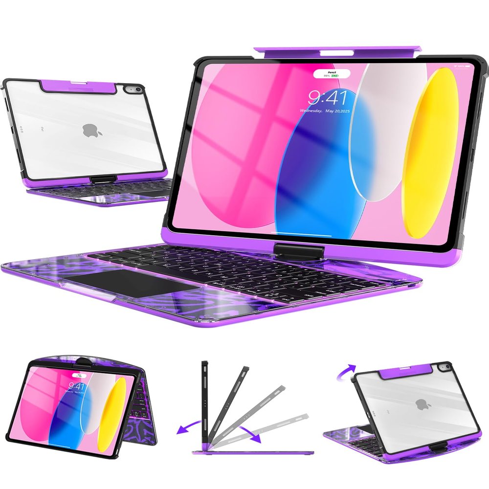 Auupgo Transparent Keyboard Case with Trackpad for iPad 11th Gen A16 (2025) & 10th Gen 10.9" (2022), 7-Color Backlit Wireless Bluetooth Keyboard with 360 Rotating Stand & Pencil Holder, Purple