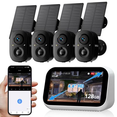 SANSCO 4CH 2K Wireless Security Cameras System with Touch Screen, 4X Solar-Powered 4MP Outdoor Camera, No Subscription, Color Night Vision, 2 Ways Audio, 128G up to 180 Days Recording, 5G/2.4G WiFi