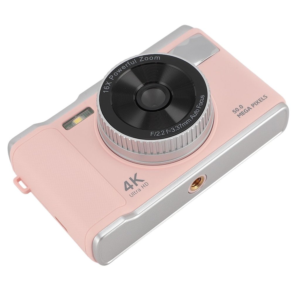 Focket 4K Digital Camera, 50MP FHD Autofocus Anti Shake Compact Point and Shoot Camera with 16X Digital Zoom LED Flash for Teens Adults Beginners (Pink)