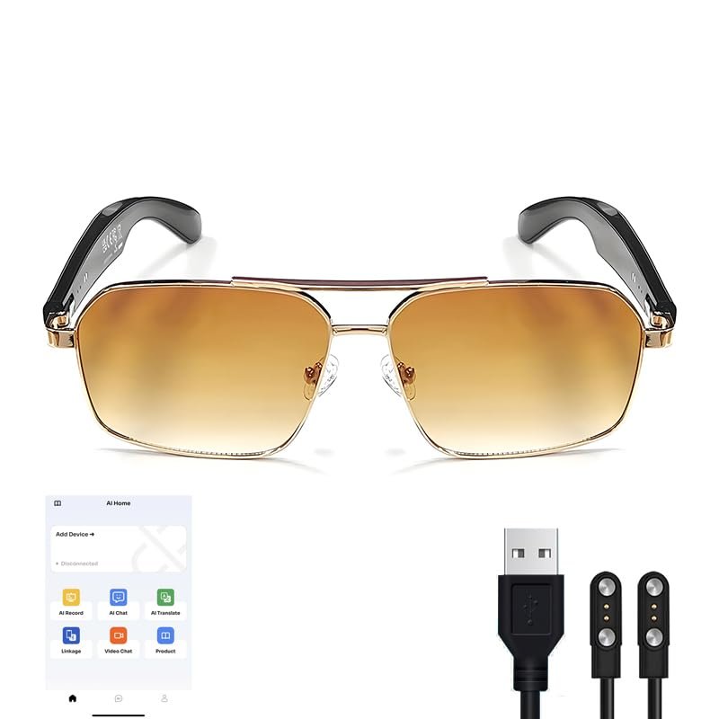 KOIPSSE Smart Audio Glasses: AI+Translation, Metal Frame Gradient Lenses, Automatic Power on, HiFi Sound, Magnetic Charging, Bluetooth Calls and Music, Suitable for Parties, and Travel (Gold+Brown)