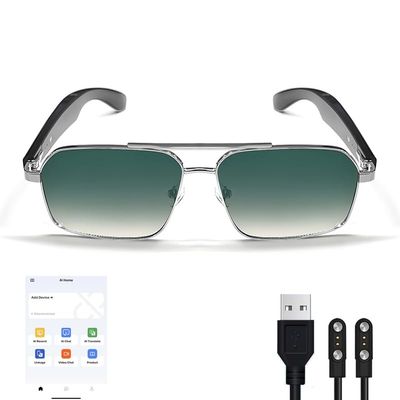 KOIPSSE Smart Audio Glasses: AI+Translation, Metal Frame Gradient Lenses, Automatic Power on, HiFi Sound, Magnetic Charging, Bluetooth Calls and Music, Suitable for Parties, and Travel (Silver+Green)