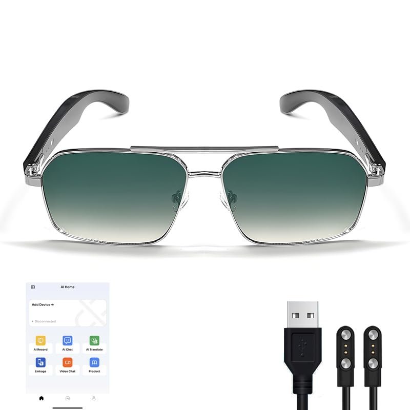 KOIPSSE Smart Audio Glasses: AI+Translation, Metal Frame Gradient Lenses, Automatic Power on, HiFi Sound, Magnetic Charging, Bluetooth Calls and Music, Suitable for Parties, and Travel (Silver+Green)