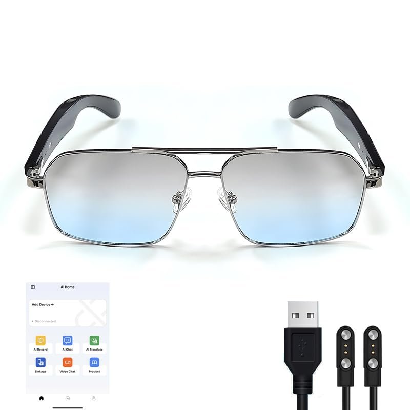KOIPSSE Smart Audio Glasses: AI+Translation, Metal Frame Gradient Lenses, Automatic Power on, HiFi Sound, Magnetic Charging, Bluetooth Calls and Music, Suitable for Parties, and Travel (Silver+Blue)