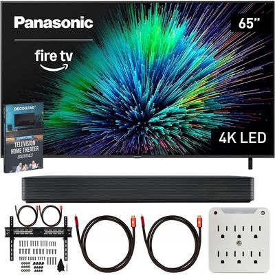 Panasonic TV-65W70BP W70 Series 65 inch LED 4K Ultra HD Smart Fire TV Bundle with Bluetooth Soundbar, TV Wall Mount, 6-Outlet Surge Adapter, Theater Essentials and 2X HDMI Cable