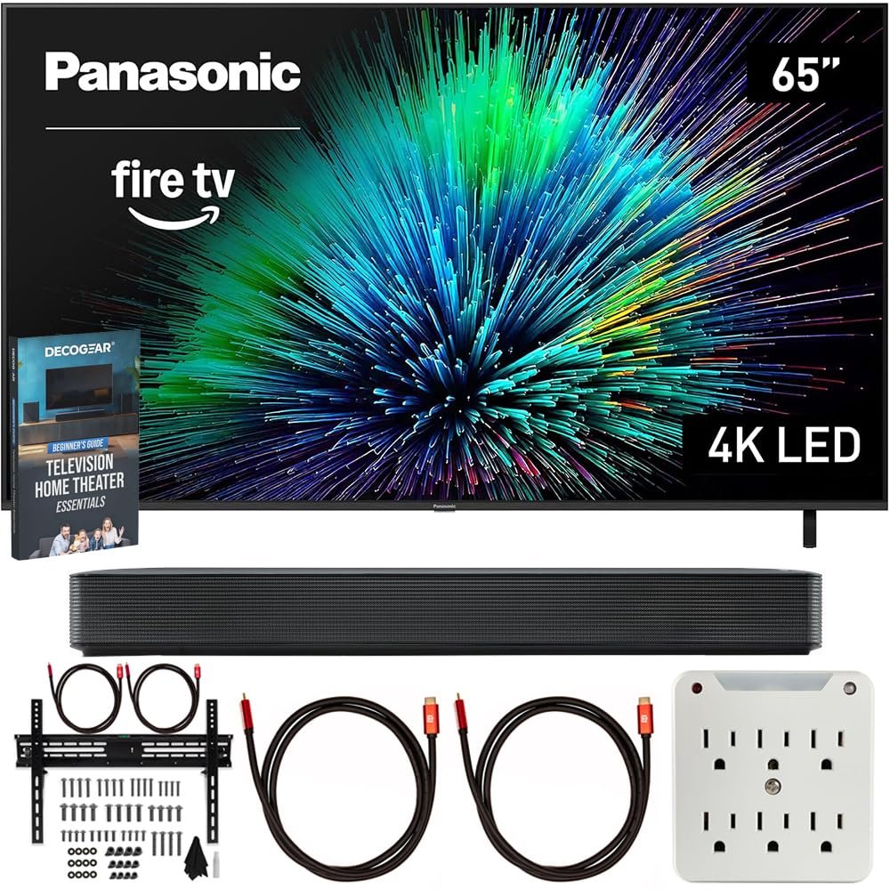 Panasonic TV-65W70BP W70 Series 65 inch LED 4K Ultra HD Smart Fire TV Bundle with Bluetooth Soundbar, TV Wall Mount, 6-Outlet Surge Adapter, Theater Essentials and 2X HDMI Cable