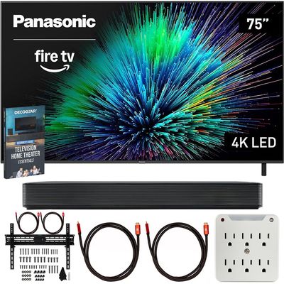 Panasonic TV-75W70BP W70 Series 75 inch LED 4K Ultra HD Smart Fire TV Bundle with Bluetooth Soundbar, TV Wall Mount, 6-Outlet Surge Adapter, Theater Essentials and 2X HDMI Cable