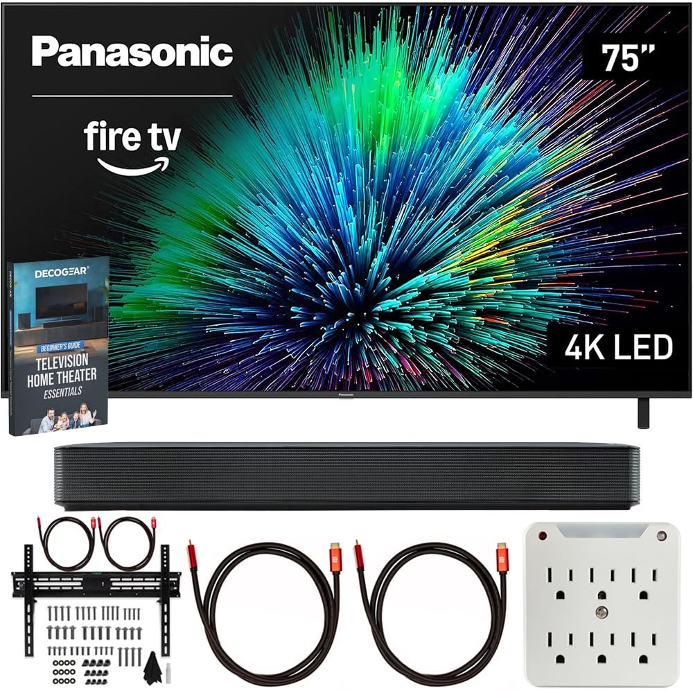 Panasonic TV-75W70BP W70 Series 75 inch LED 4K Ultra HD Smart Fire TV Bundle with Bluetooth Soundbar, TV Wall Mount, 6-Outlet Surge Adapter, Theater Essentials and 2X HDMI Cable
