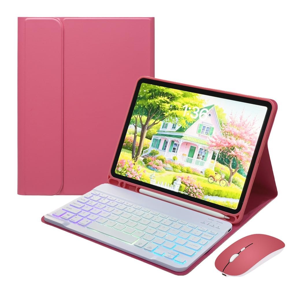 Disonbeir Rainbow Backlit Keyboard Case for iPad Pro 13 inch (M5, 2025/M4, 2024) Case with Mouse and 7 Colors RGB Colorful Backlight Magnetic Detachable Bluetooth Keyboard Cover,DarkPink