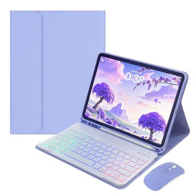 Rainbow Backlit Keyboard Case for Galaxy Tab A9 8.7" with Mouse and 7 Colors RGB Colorful Backlight Detachable Bluetooth Keyboard Cover,Purple+White