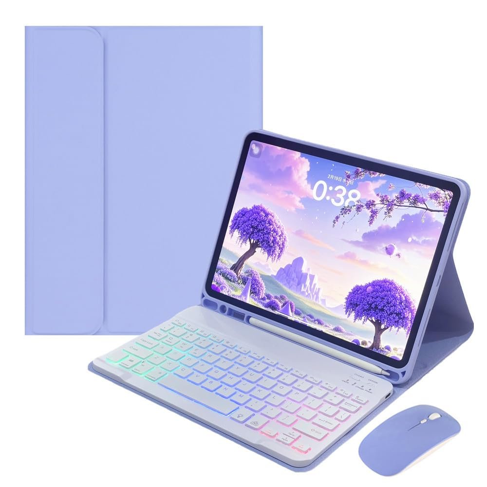 Rainbow Backlit Keyboard Case for Galaxy Tab A9 8.7" with Mouse and 7 Colors RGB Colorful Backlight Detachable Bluetooth Keyboard Cover,Purple+White