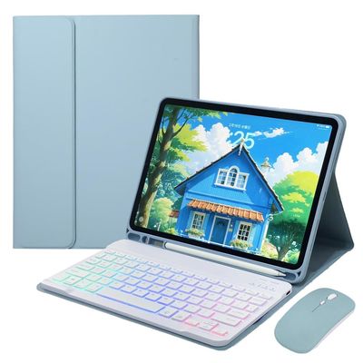 Disonbeir Rainbow Backlit Keyboard Case for Galaxy Tab S9 FE+ / Tab S10+/S9+/S8+/S7+/S7 FE 12.4" with Mouse and Backlight Detachable Bluetooth Keyboard,Misty Blue+White