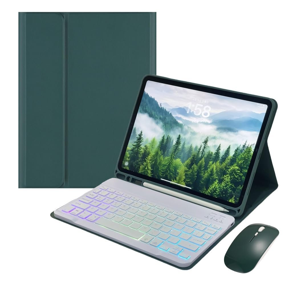 Rainbow Backlit Keyboard Case for Galaxy Tab A9 8.7" with Mouse and 7 Colors RGB Colorful Backlight Detachable Bluetooth Keyboard Cover,Dark Green+White