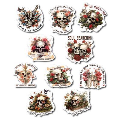 10pcs Vintage Skull Stickers Gothic Halloween Skeleton Quote Vinyl Pack for Laptop, Journal, Scrapbook, Water Bottle Dark Floral Aesthetic Decor for Witchy & Alternative Style
