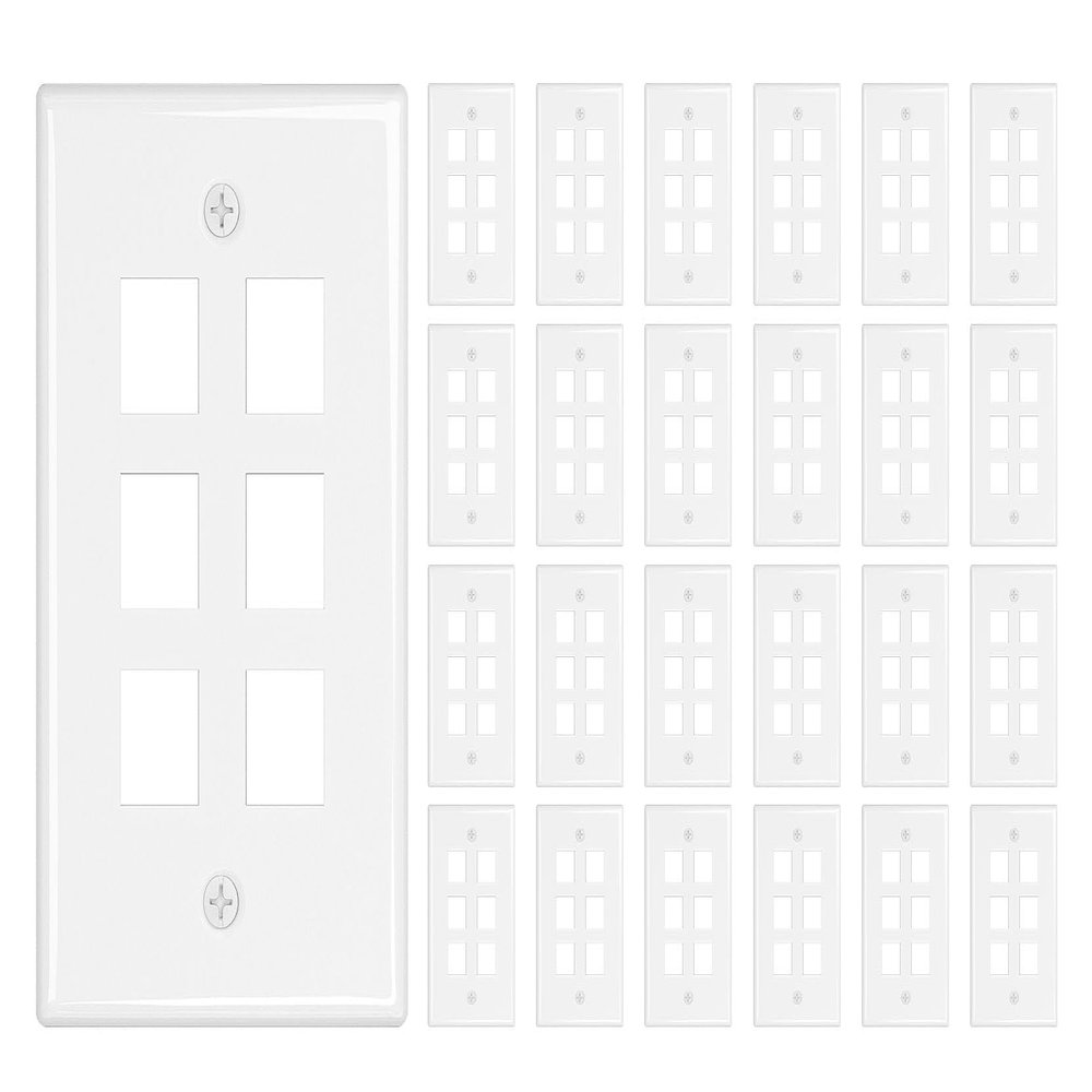 iwillink 6-Port Keystone Wall Plate 25-Pack, Low Profile Ethernet Wall Plates for Keystone Jack, White