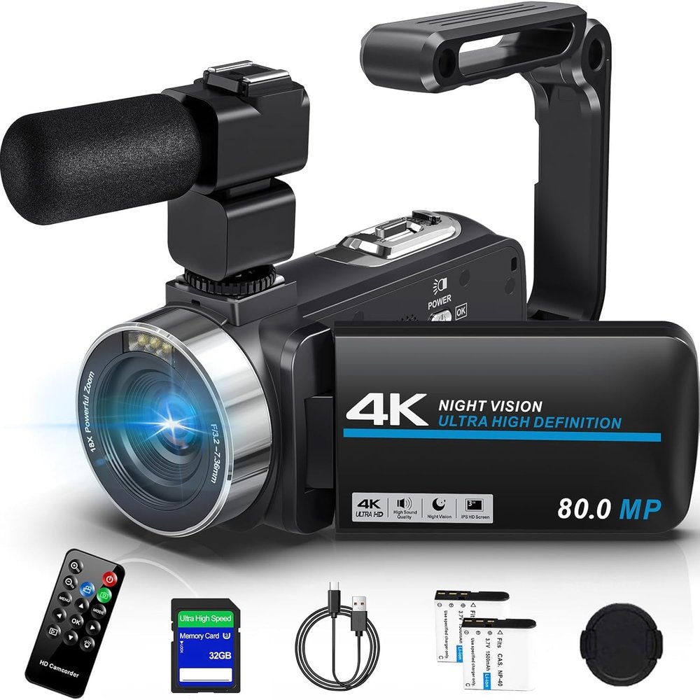 Camcorder Video Camera 4K HD 80MP Vlogging Camera for YouTube, 30FPS IR Night Vision Camera, 18X Digital Zoom 3.0 270IPS Screen Video Camera with SD Card, 2 Batteries, Remote Control, and Stabilizer