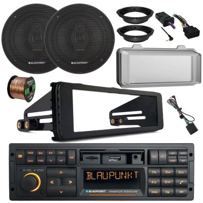 Blaupunkt Frankfurt Single DIN 90's Retro Classic Bluetooth Receiver, 2X 6.5 70W 3-Way Slim Car Speakers w/Adapters, Wire, Cover, Handlebar Control, Radio Install Kit for 98-2013 Harley Davidson