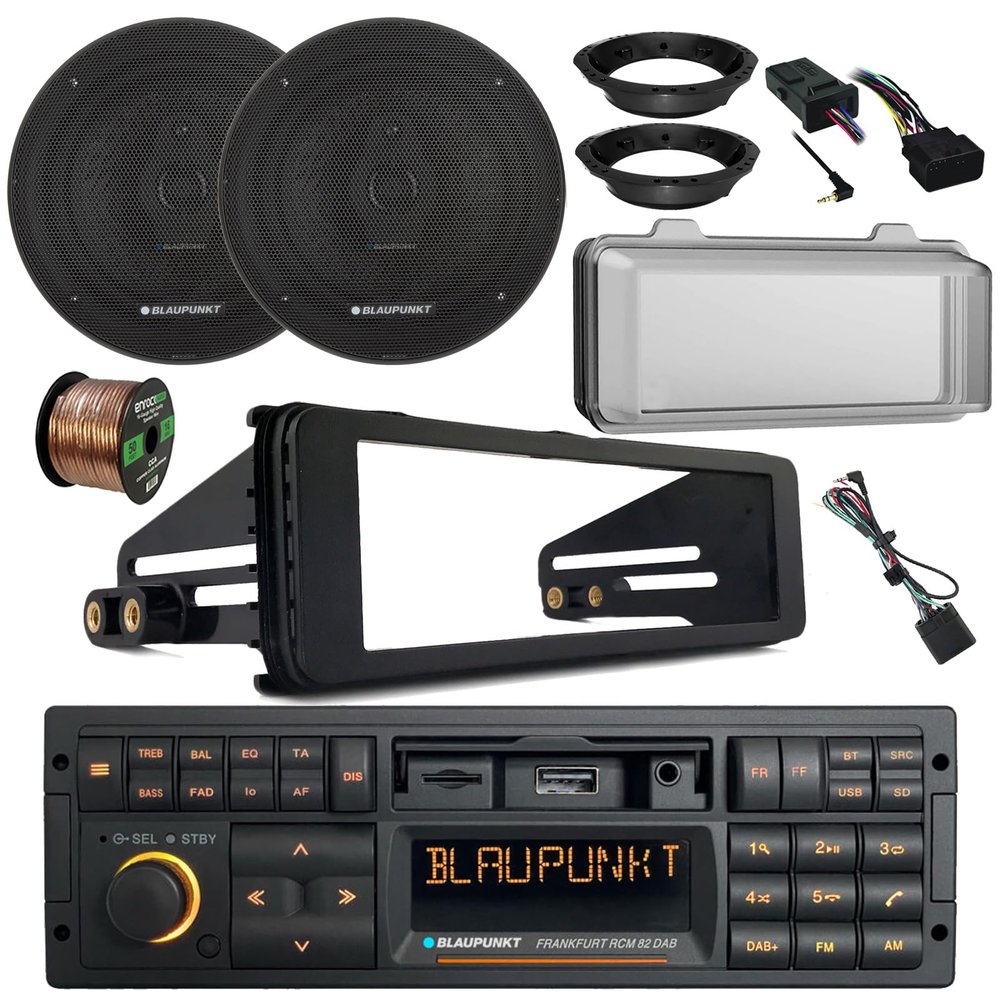 Blaupunkt Frankfurt Single DIN 90's Retro Classic Bluetooth Receiver, 2X 6.5 70W 3-Way Slim Car Speakers w/Adapters, Wire, Cover, Handlebar Control, Radio Install Kit for 98-2013 Harley Davidson
